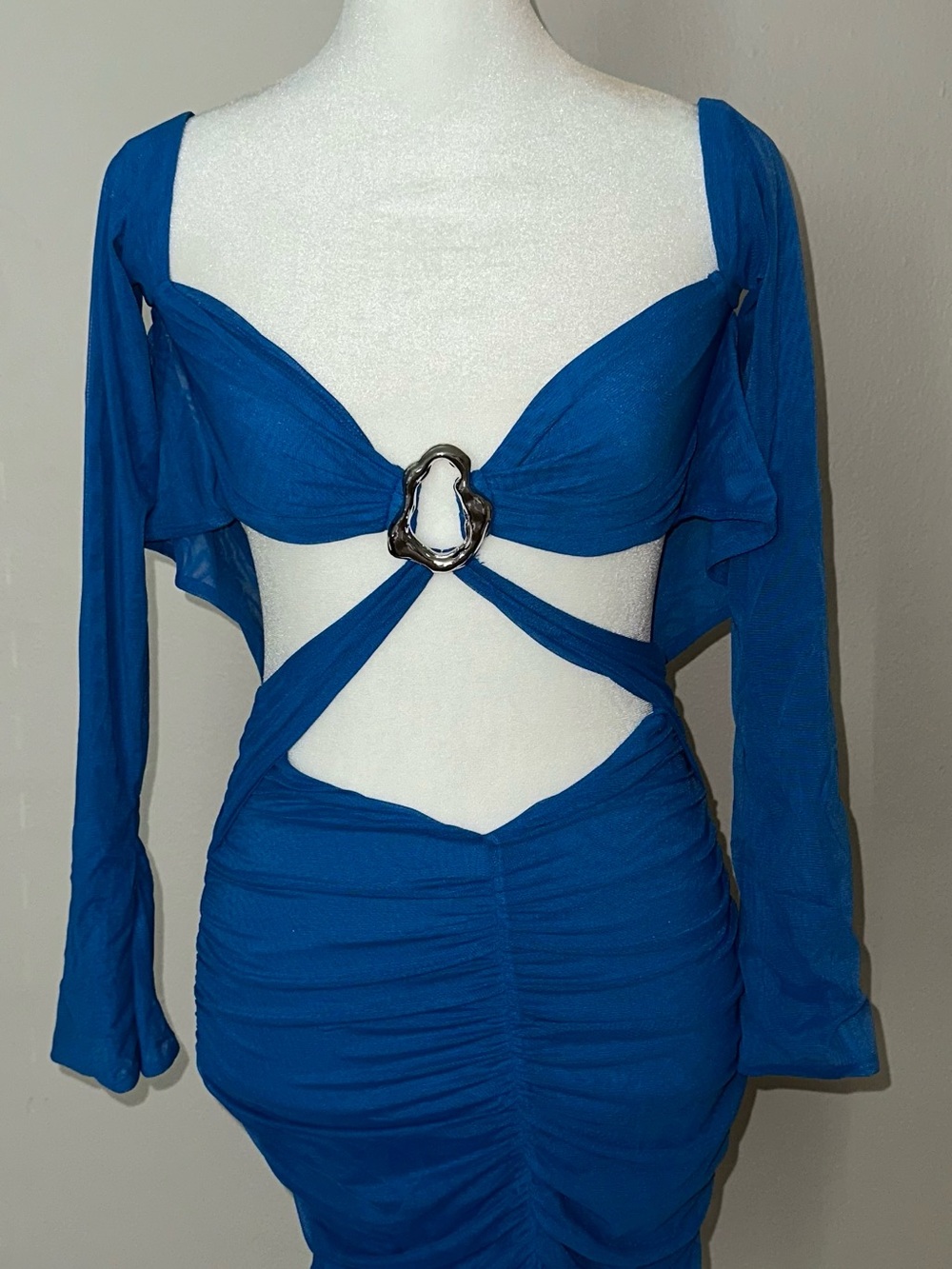 Oh Polly Electric Blue Long Sleeve Cutout Ring-Front Dress